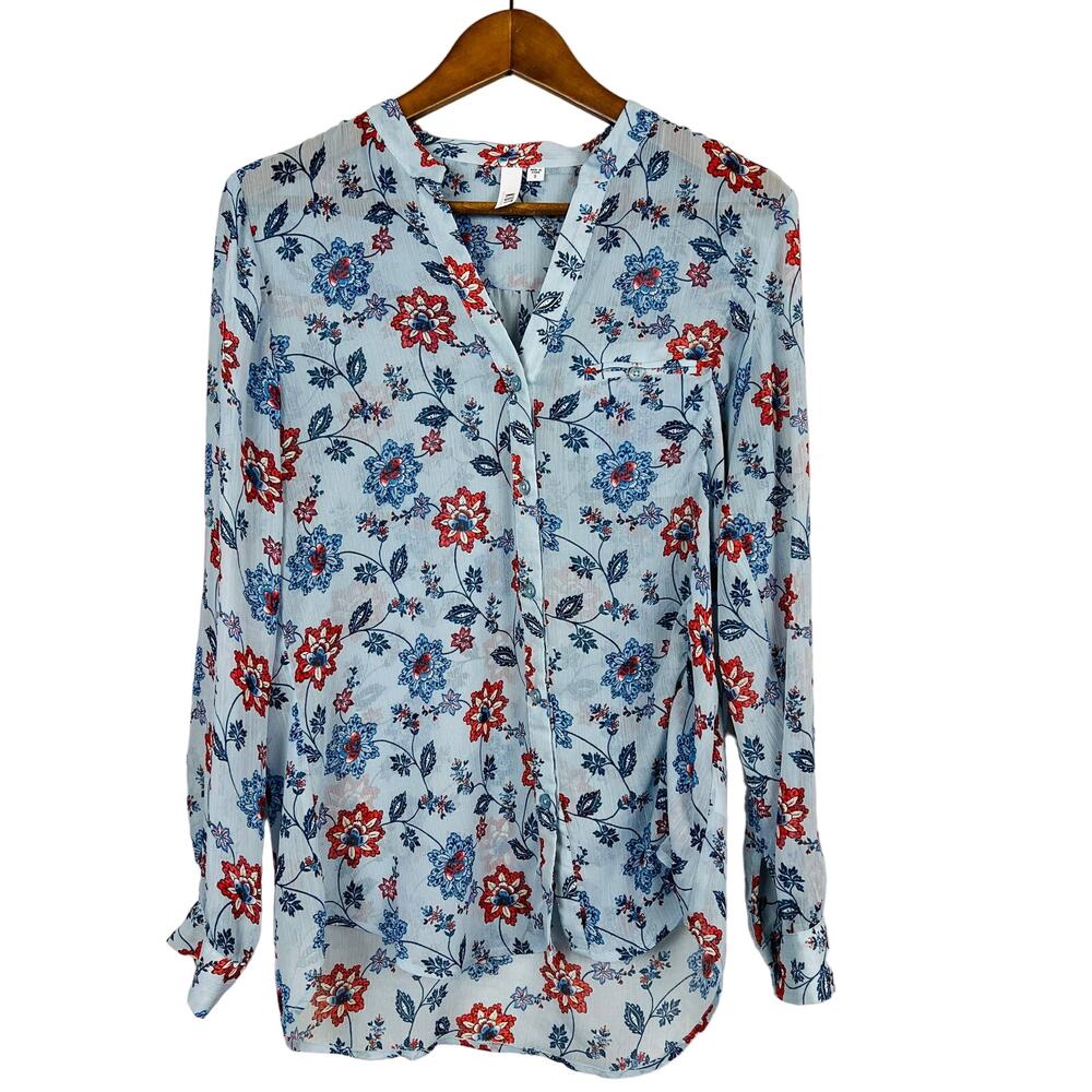 KUT Sheer Button Up Blouse Top Long Sleeve FLoral Blue - S